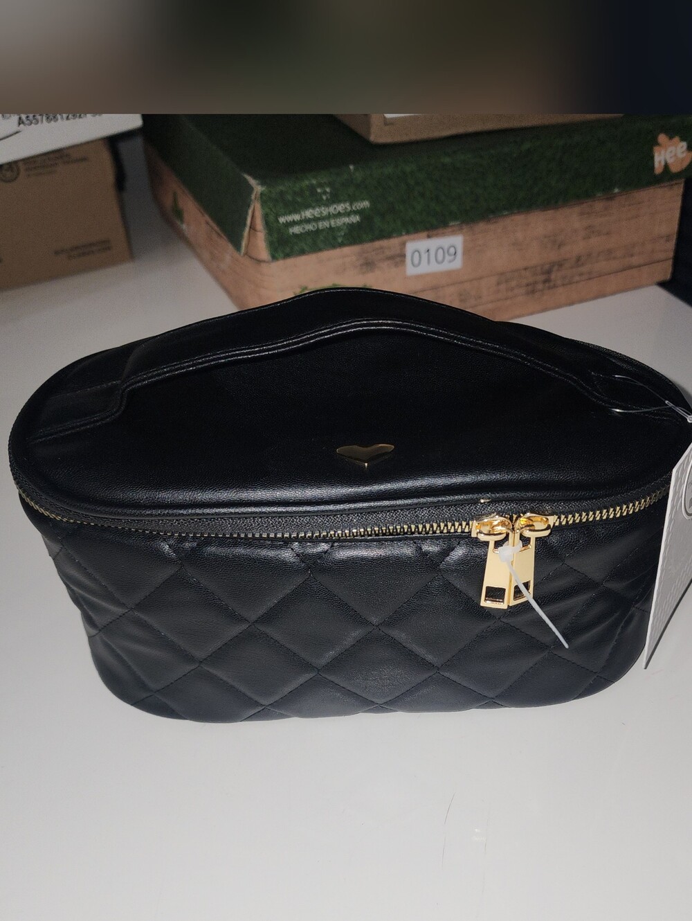 Quilted Black Leatherette Vanity Case with Gold Hardware
